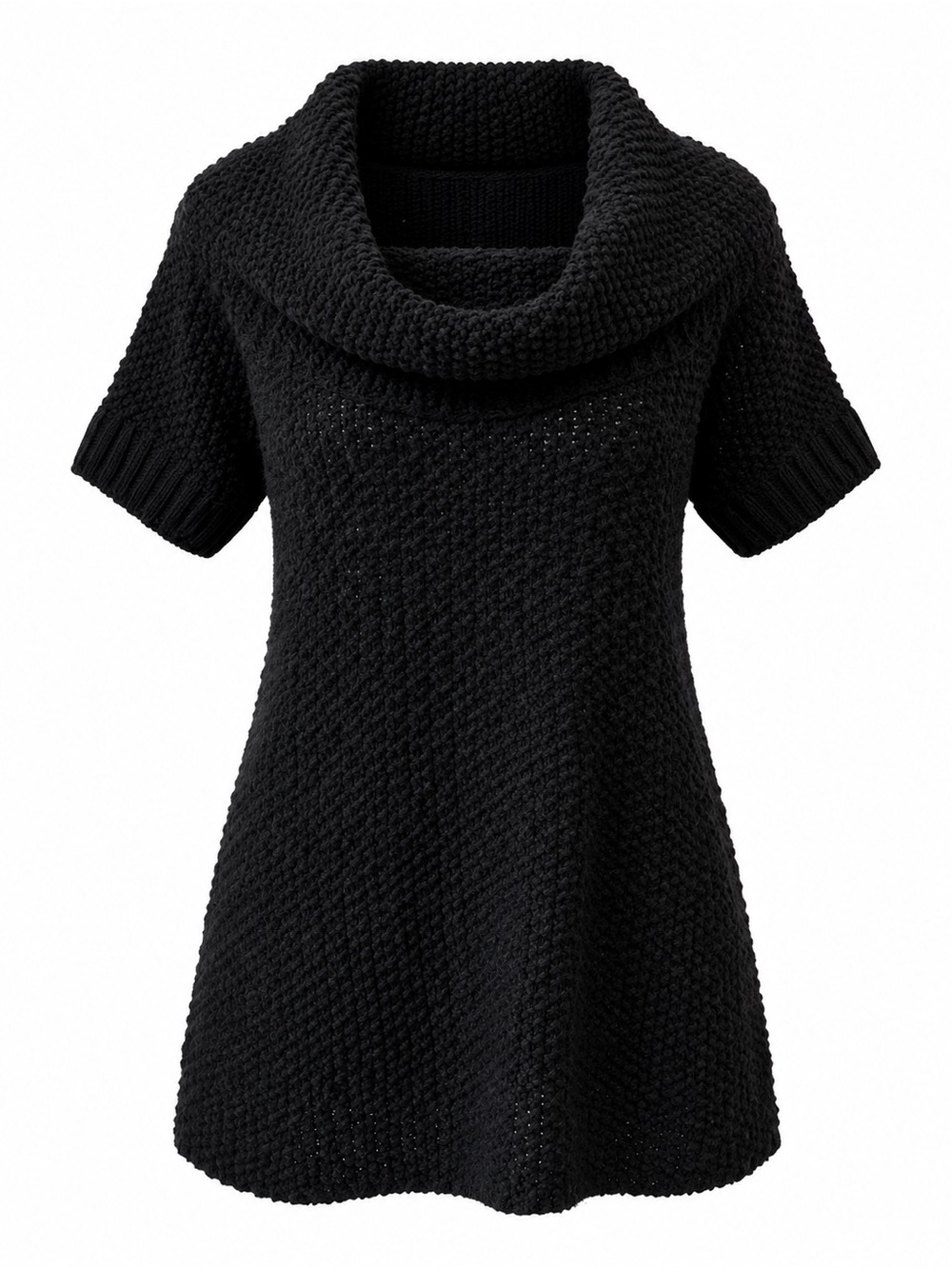 Cozy Black Short-Sleeve Cowl Neck Sweater Tunic